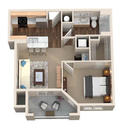 1 Bed 1 Bath 3D Floor Plan at Plantation Crossing, LA, 70508